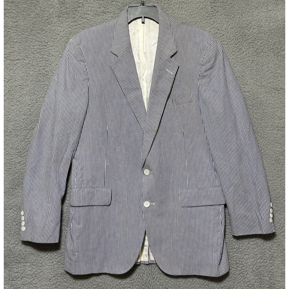 Vintage Blue White Seersucker Blazer Sport Coat 42R Preppy Kentucky Derby